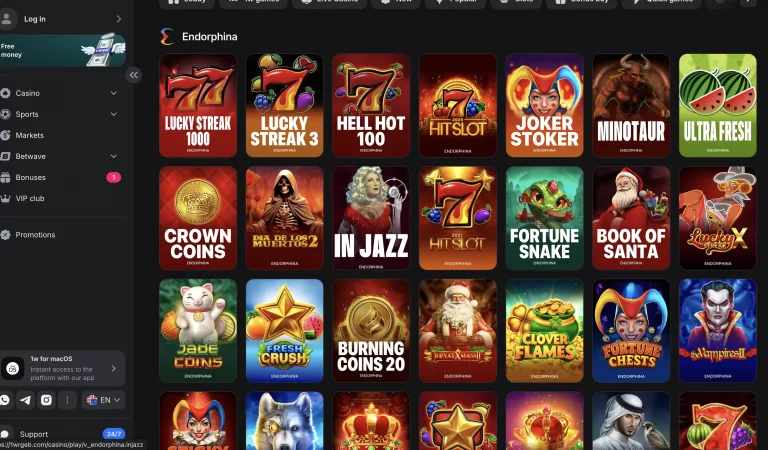 Endorphina slots games on 1win casino interface demo screen