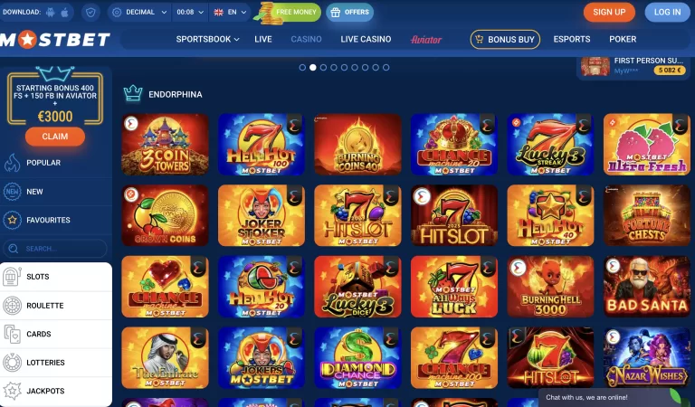 Endorphina slots games on Mostbet casino platform demo interface