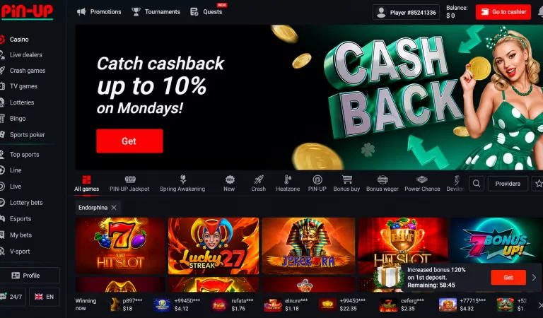 Endorphina slots games on Pin-Up casino interface demo screen